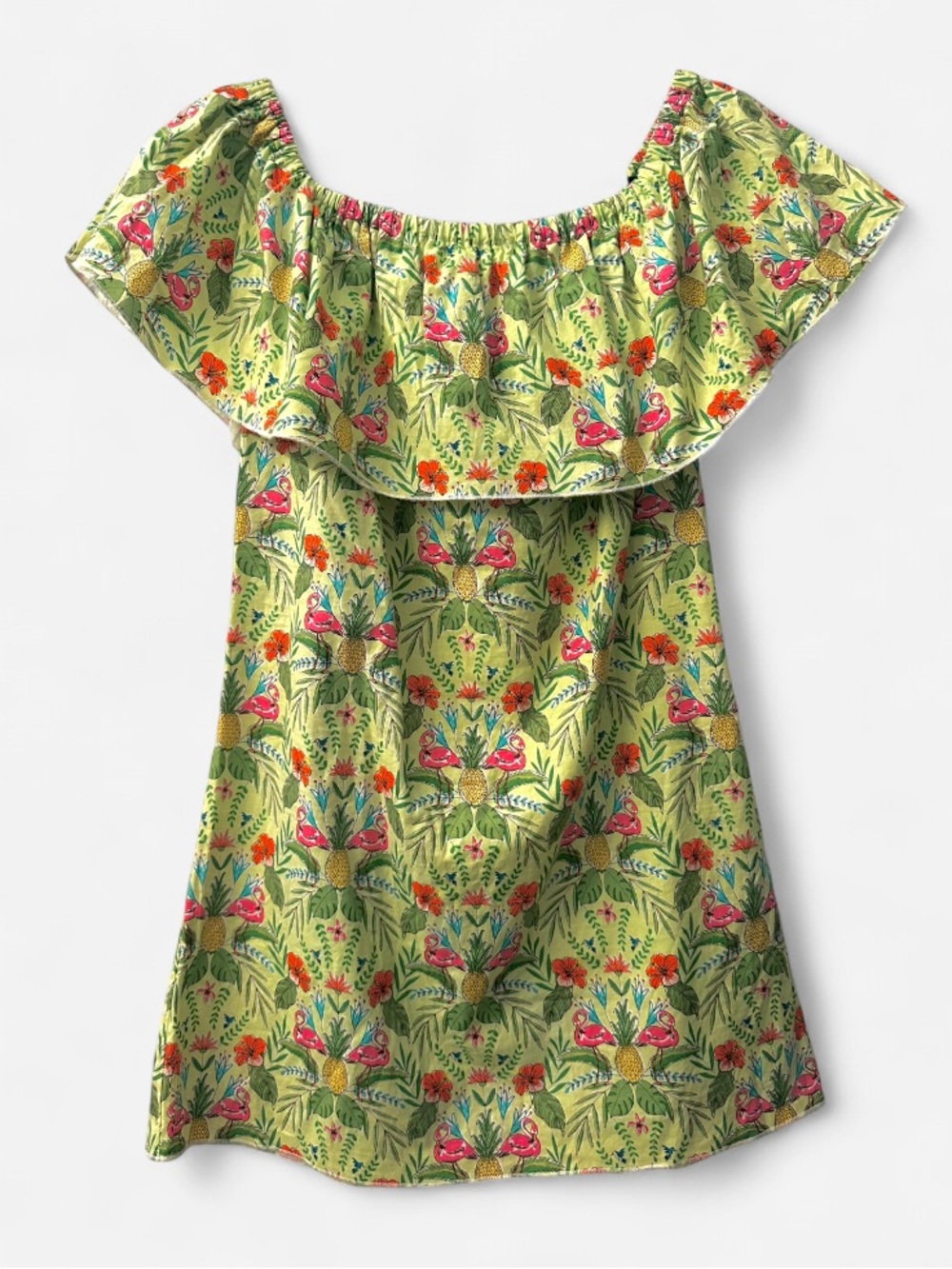Chelsea Gunn Tropical Off-Shoulder Mini Dress in Lime Green M